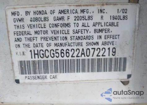 2002 Honda Accord 2.3 Ex z USA, uszkodzony, nr VIN 1HGCG56622A072219